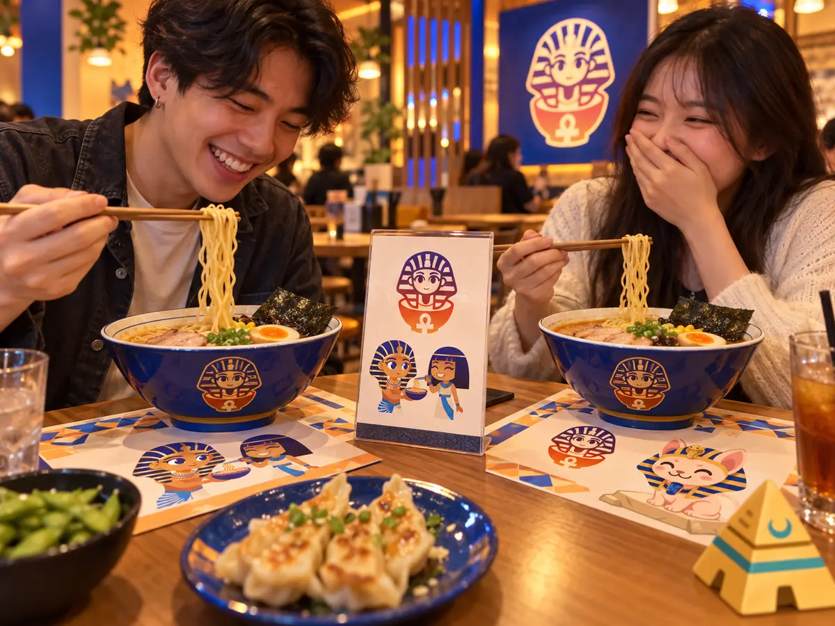 Friends enjoying ramen with branded menus and placemats