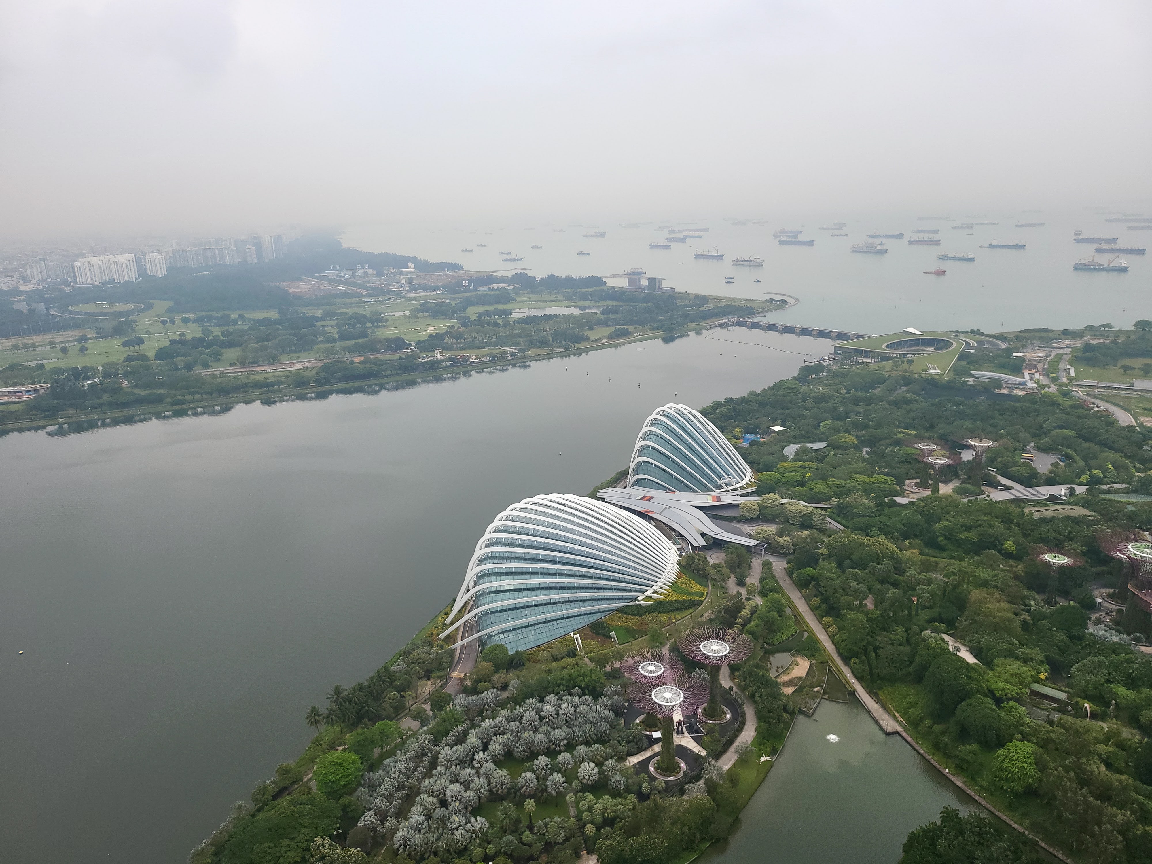 An aerial view of the waterfront conservatories and gardens
