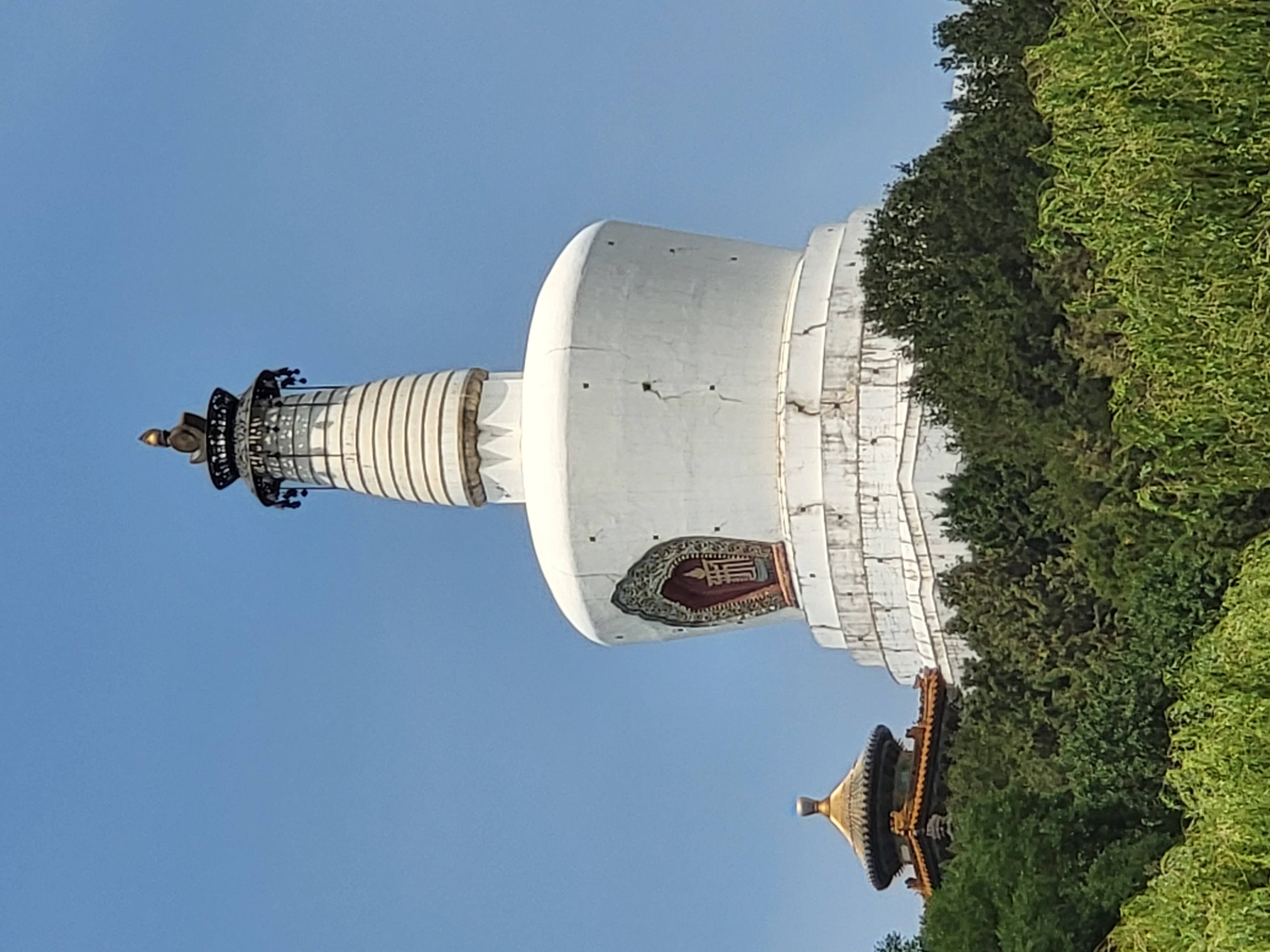A closer view of the White Dagoba above the trees.