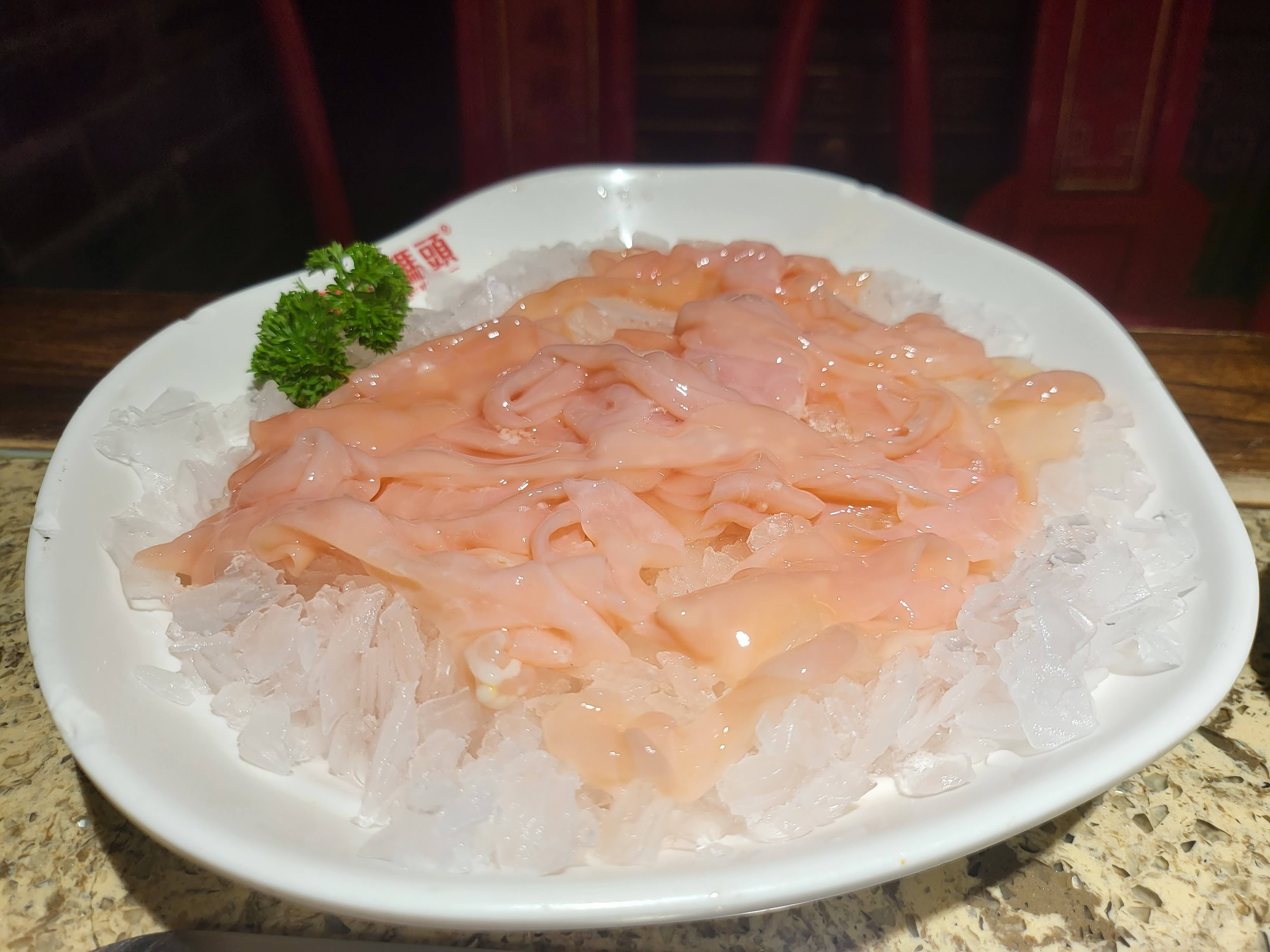 Goose intestine served over crushed ice
