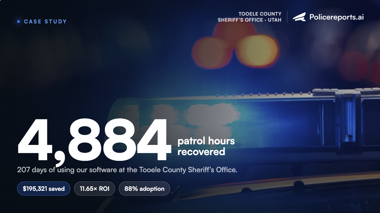 Tooele County Sheriff's Office Case Study: 4,884 Patrol Hours Recovered with AI Police Report Writing