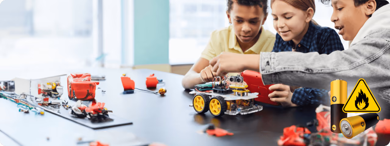 Children building a battery-powered robot with a battery-hazard warning icon