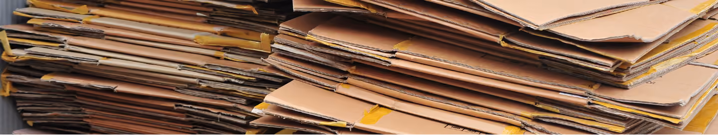 Stacks of flattened cardboard bundled for recycling