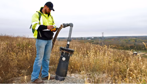 Worker monitoring a landfill gas collection wellhead