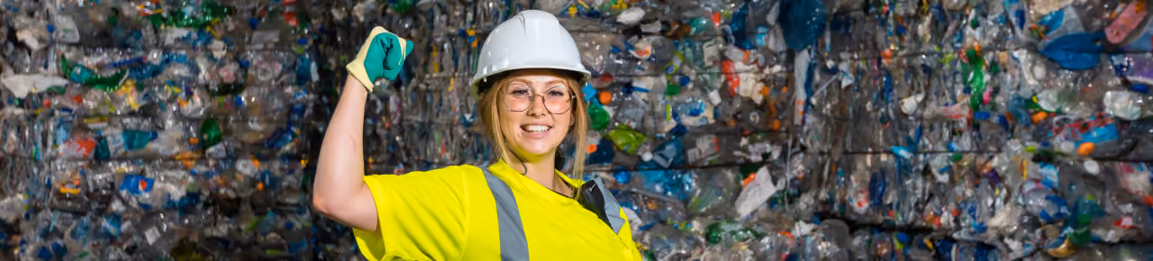 Recycling worker flexing in front of baled plastic bottles