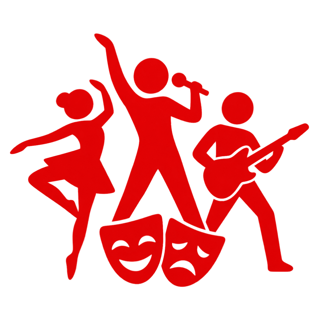 Red silhouettes of three performers: a ballerina dancing, a singer holding a microphone with one arm raised, and a guitarist playing, with comedy and tragedy masks below them.