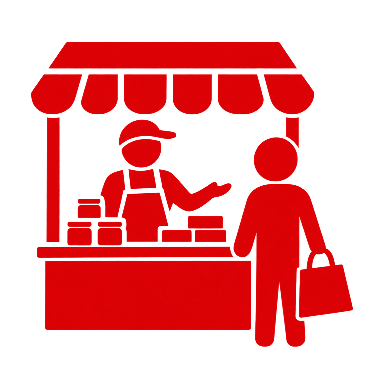 Red icon of a vendor standing behind a market stall with goods displayed and a customer holding a shopping bag in front.