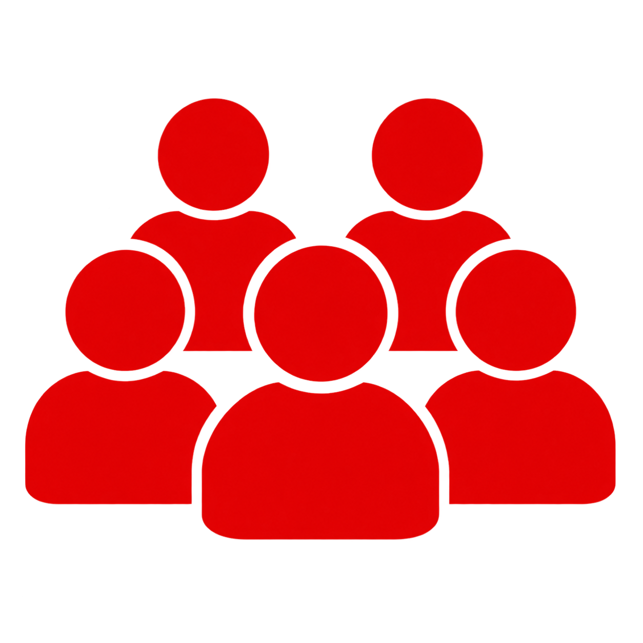 Red simplified icon of five people arranged in a group with three in front and two behind on a transparent background.