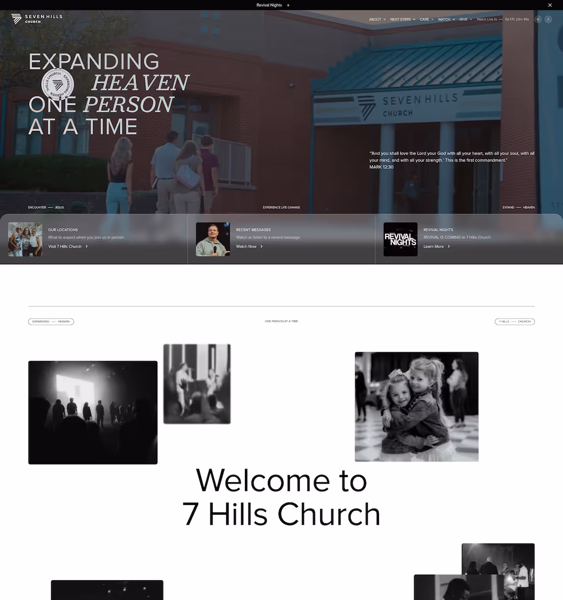 The home page of the 7 Hills Church webflow website developed by Claude Atkins