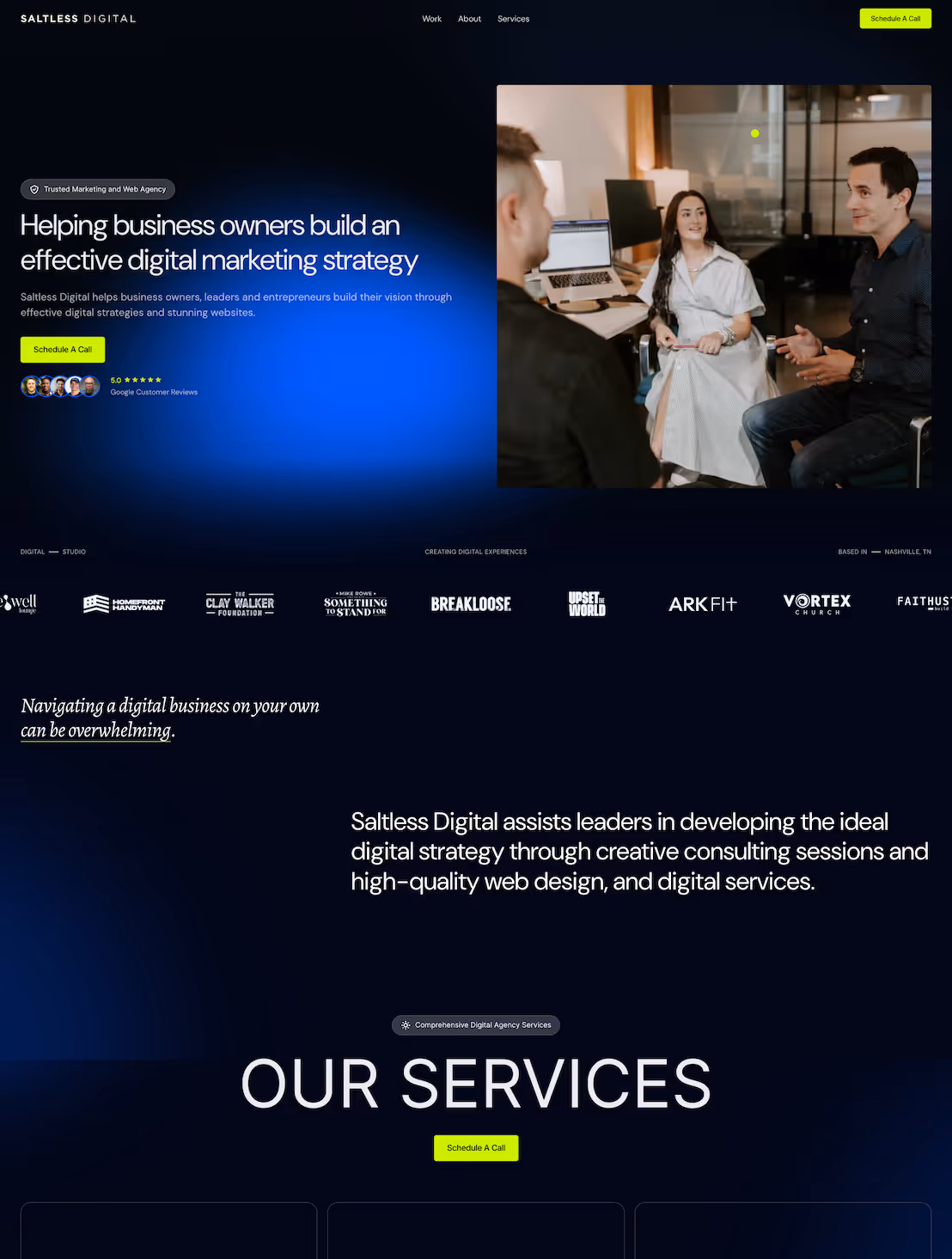 The home page of the Saltless Digital webflow website developed by Claude Atkins