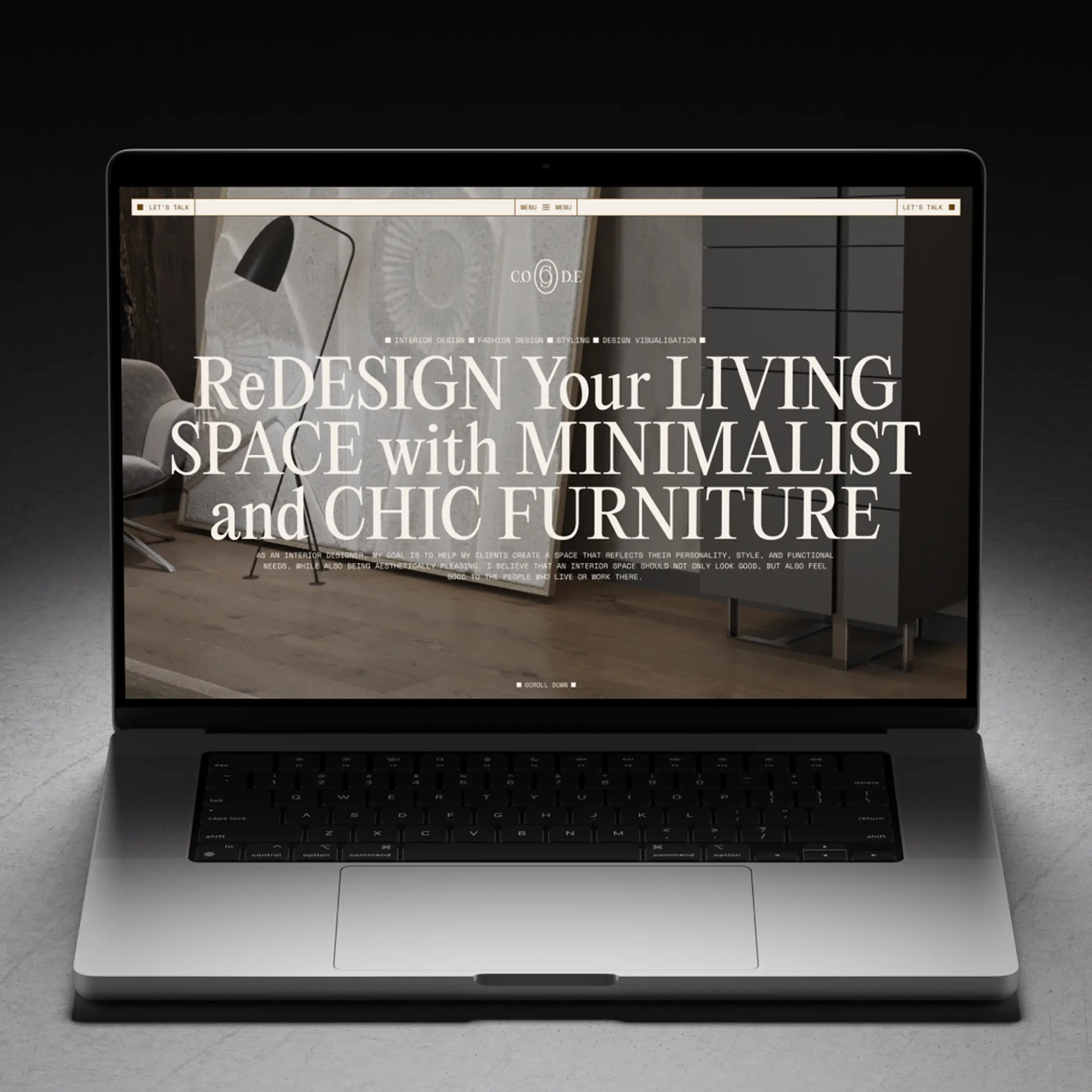 MacBook laptop displaying CODE Furniture’s award-winning corporate website, with a large headline "ReDESIGN Your LIVING SPACE with MINIMALIST and CHIC FURNITURE" over a modern interior background, described as an Awwwards-style Webflow site.