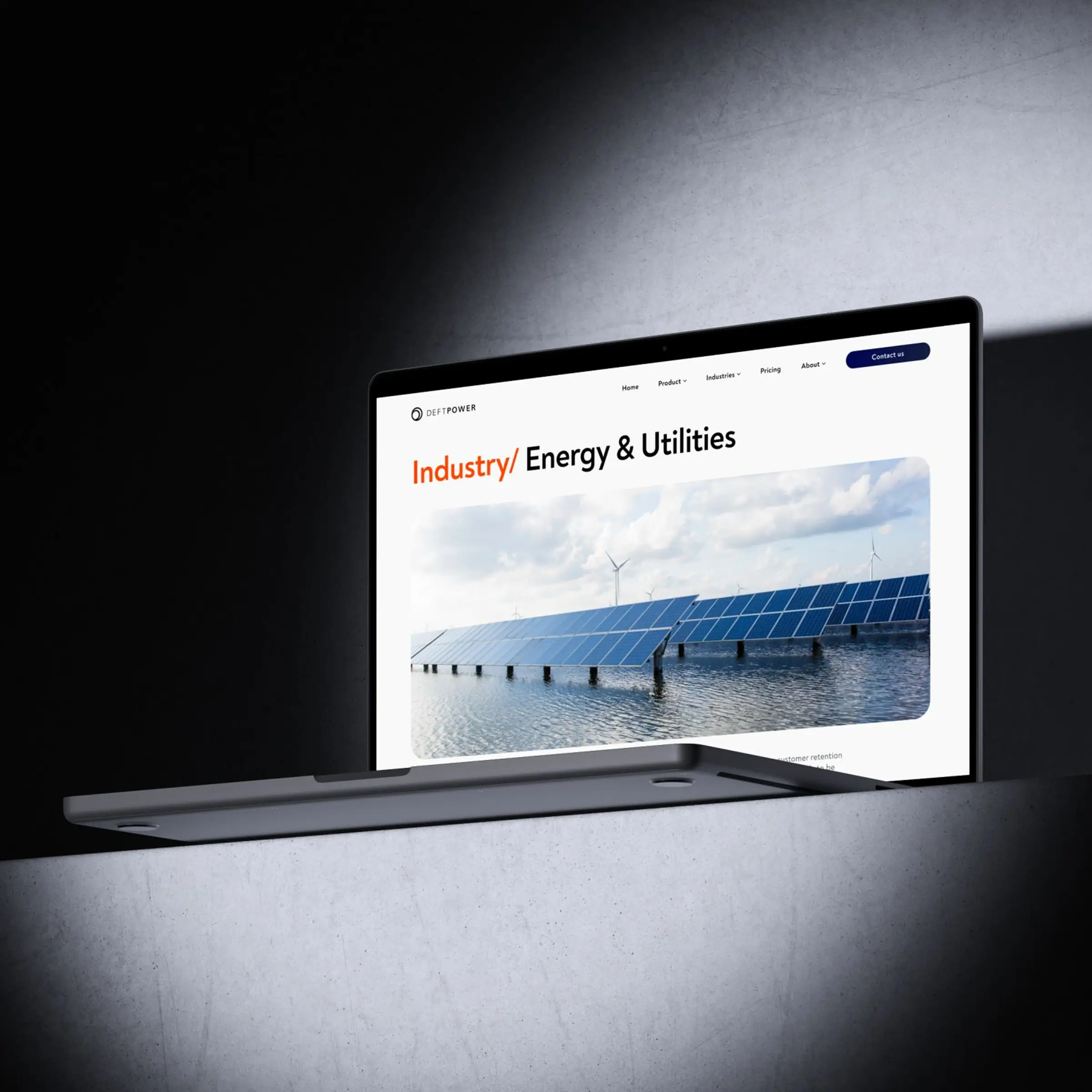 Laptop displaying Deftpower’s corporate website, featuring a page titled "Industry/ Energy & Utilities" with an image of solar panels and wind turbines, representing the company’s smart charging infrastructure solutions.