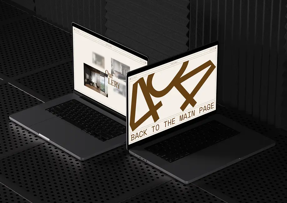 MacBook laptop displaying CODE Furniture’s award-winning corporate website, with a large headline "ReDESIGN Your LIVING SPACE with MINIMALIST and CHIC FURNITURE" over a modern interior background, described as an Awwwards-style Webflow site.