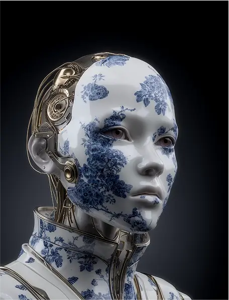This striking digital artwork portrays a futuristic female android with a porcelain face intricately patterned with blue flowers and gleaming robotic components.
