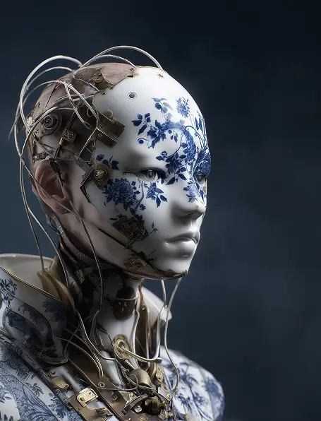 This striking digital artwork portrays a futuristic female android with a porcelain face intricately patterned with blue flowers and gleaming robotic components.