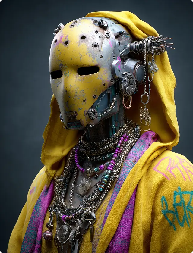 A cyberpunk-style humanoid robot wearing a yellow hooded garment and layered jewelry, featuring a worn yellow mask and metallic accessories.