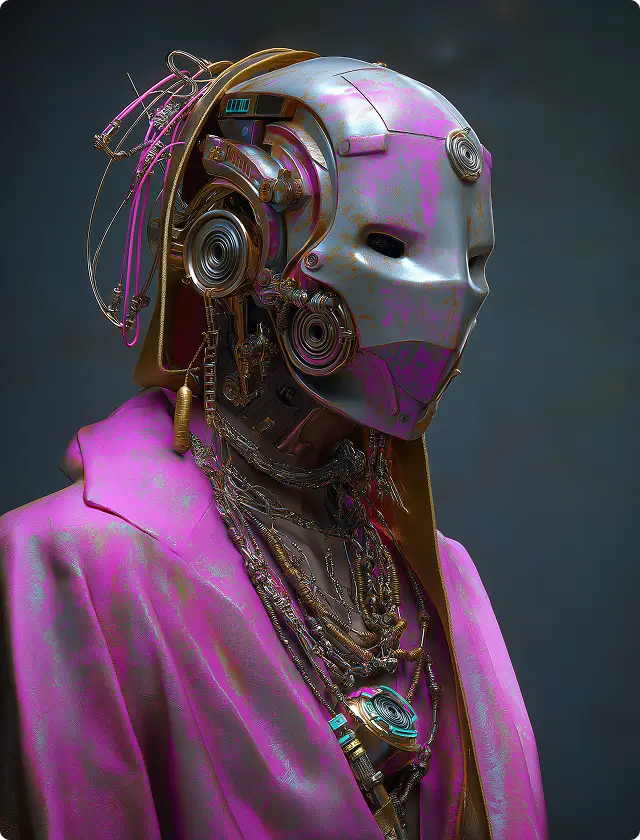 A futuristic humanoid robot in a metallic mask and pink coat, adorned with intricate wires, necklaces, and cyberpunk accessories.