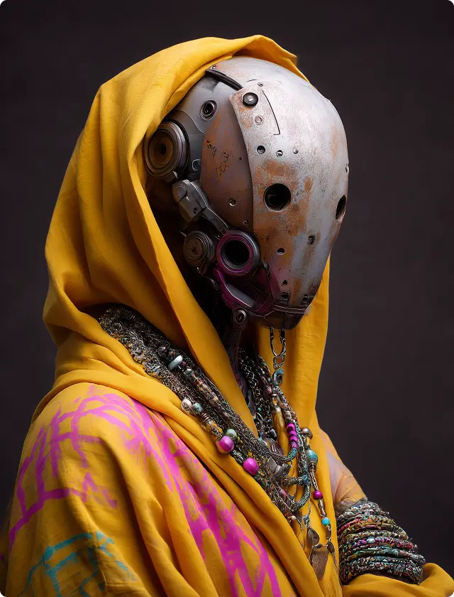 A humanoid robot wearing a yellow hooded shawl and layered jewelry, with a weathered metallic mask and intricate mechanical details.