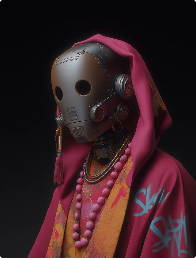 A stylized robot wearing a red hooded garment with graffiti accents, round-eyed metal mask, and pink beaded necklace.