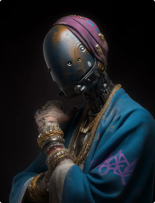 A humanoid robot with a smooth metallic mask, wearing a purple headscarf and blue robe, adorned with gold jewelry and bracelets.