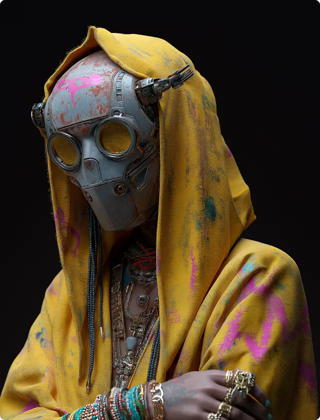 A robot with a round-goggles metal mask wearing a yellow hooded cloak, decorated with graffiti patterns and layered jewelry