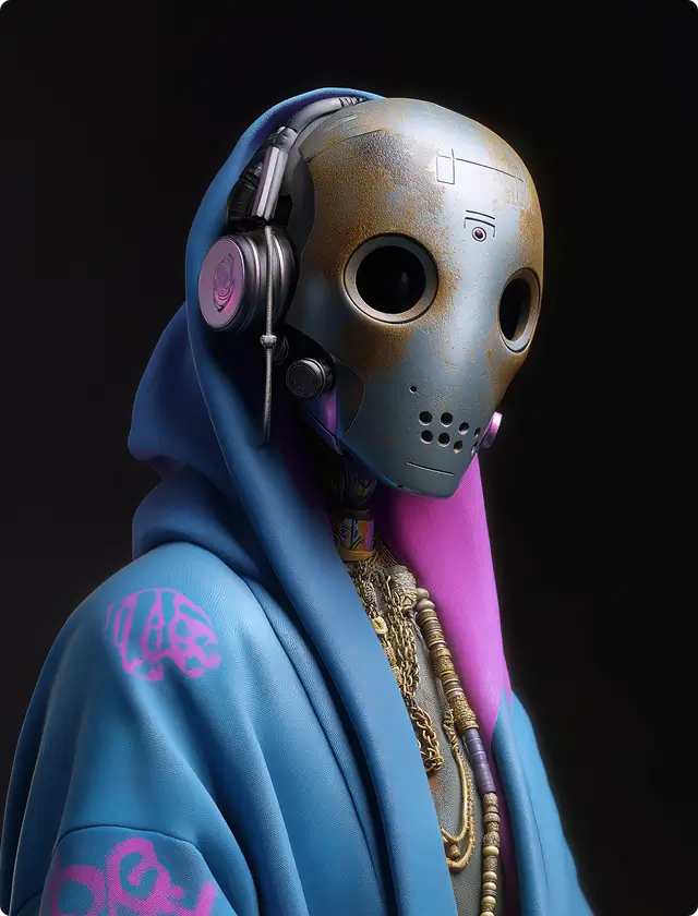A robot with a round-eyed metal mask wearing headphones and a blue hooded cloak with pink accents and layered necklaces.