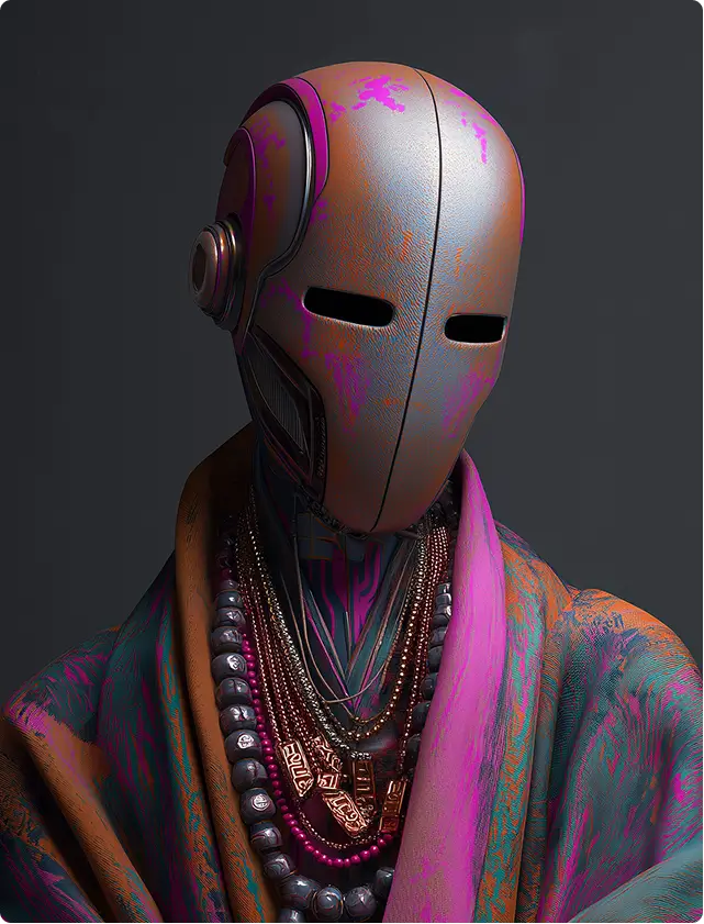A sleek humanoid robot with a narrow-visor metal mask, wearing layered necklaces and a multicolored robe with pink and teal patterns.