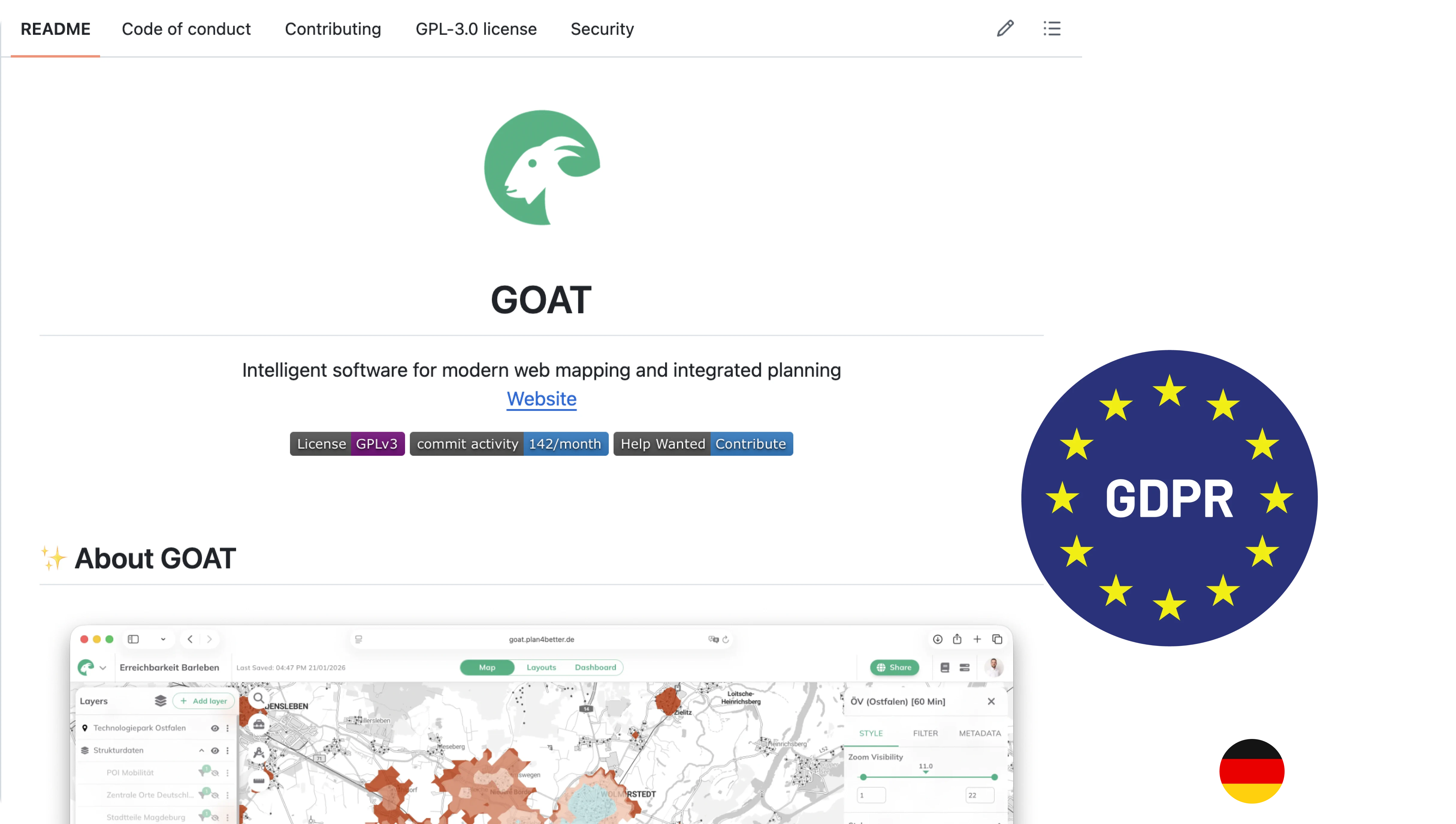 GOAT's GitHub README showing the GPL-3.0 open-source licence, with GDPR and Made in Germany badges