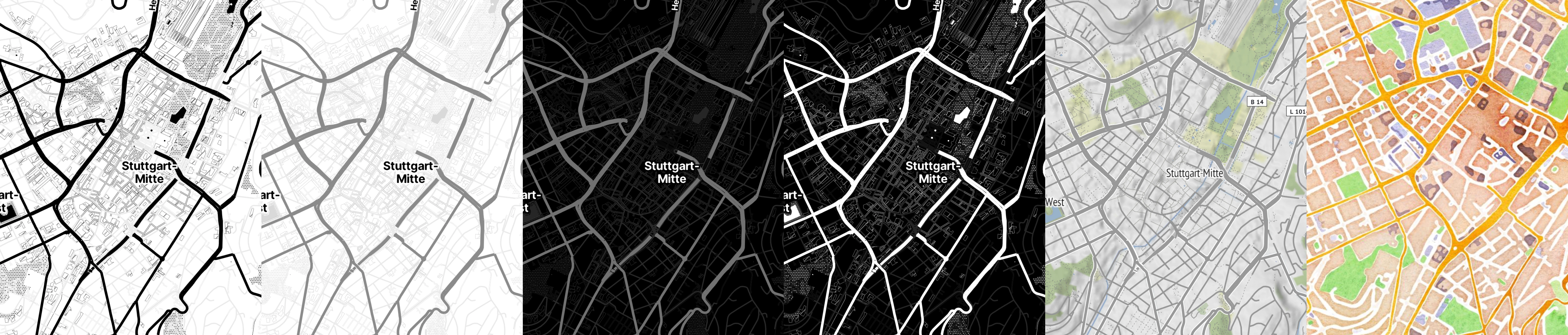 Stamen basemap styles on Stadia Maps: Toner, Toner Lite, Toner Dark, Toner Blacklite, Terrain and Watercolor