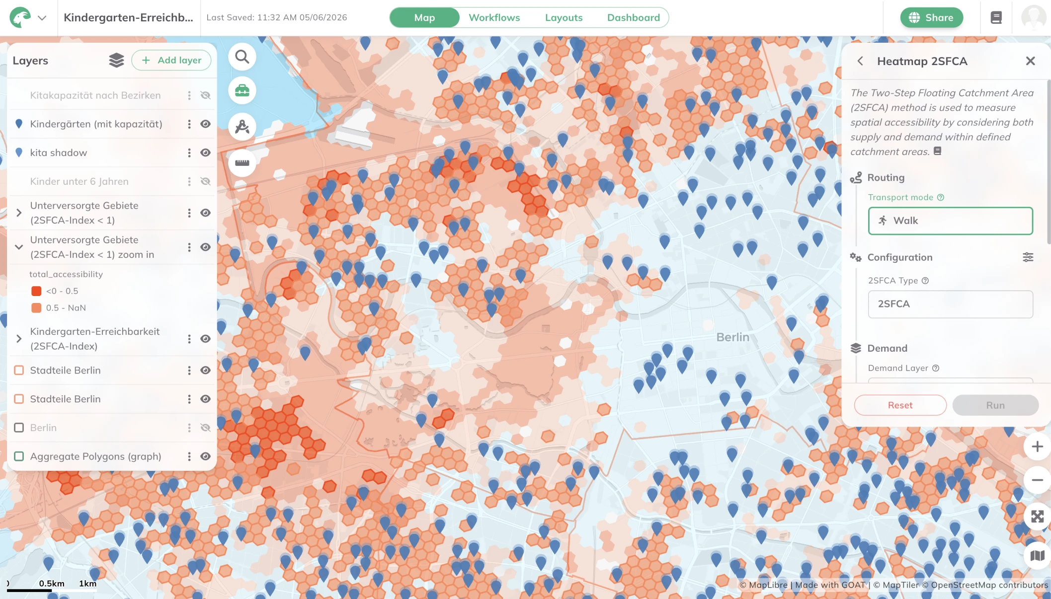 Walking catchment areas around Berlin kindergartens weighted by available capacity