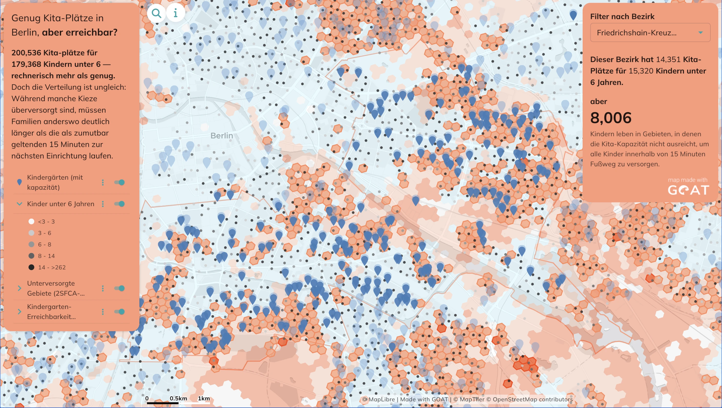 Map of kindergarten capacity and walking access gaps in Berlin