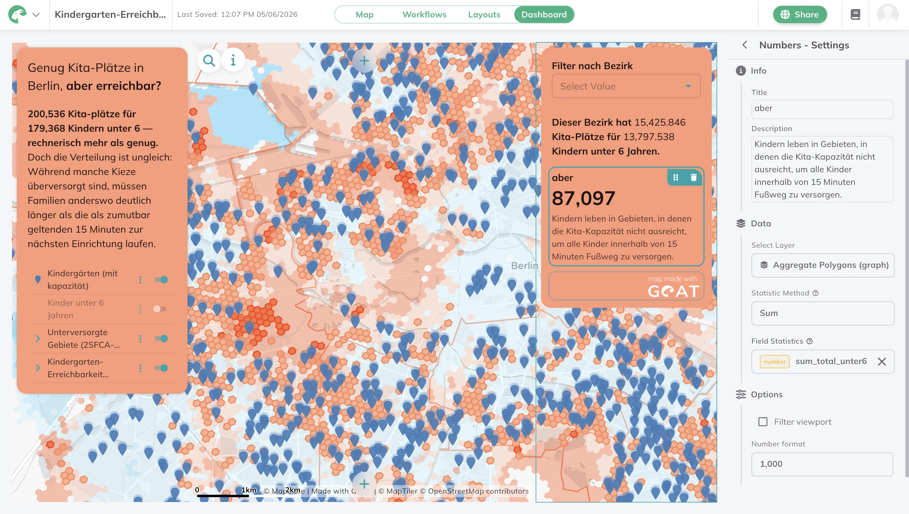 Workflow joining accessibility analysis with kindergarten capacity data in GOAT