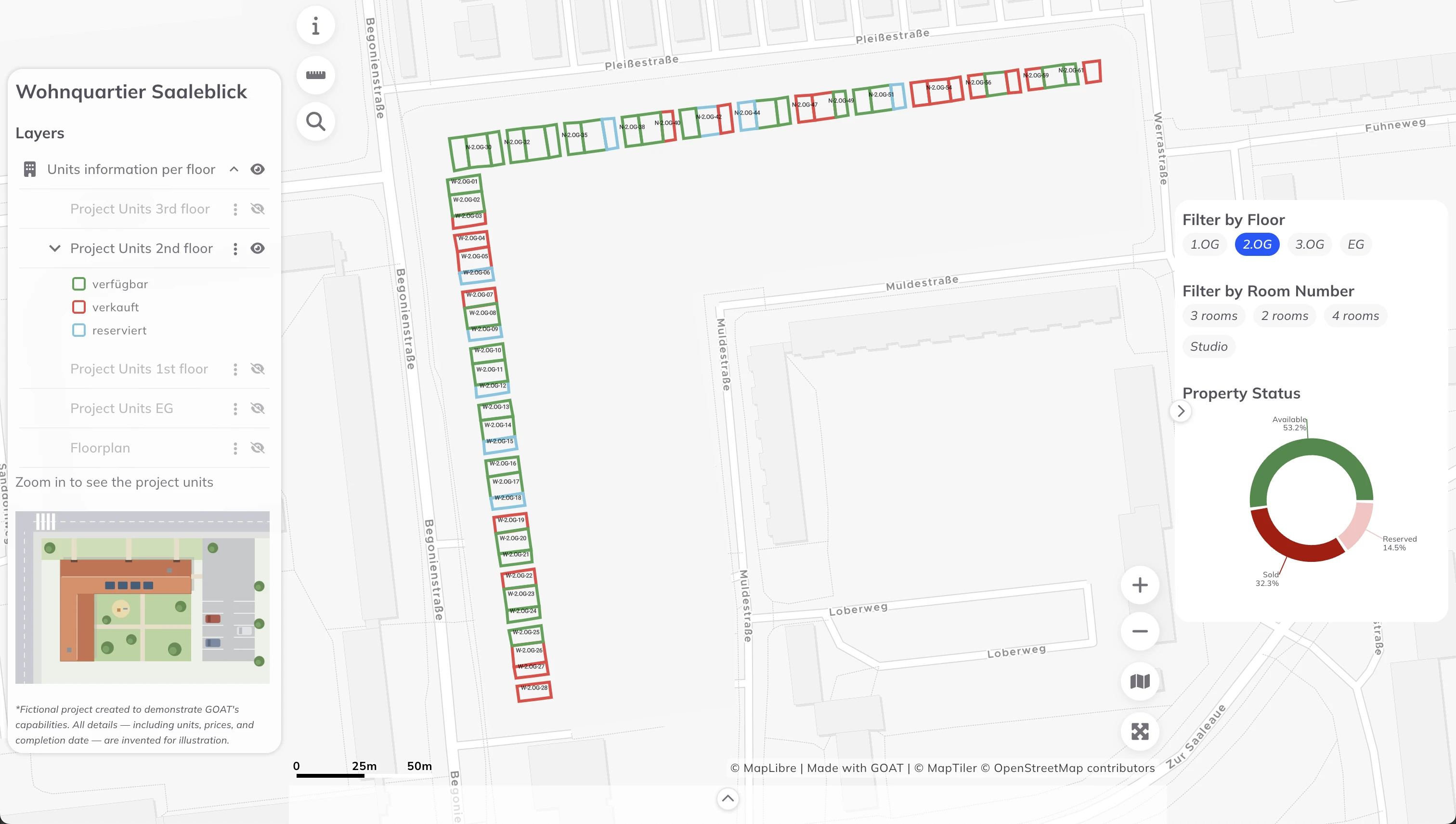 Analyse von Grünflächen und Infrastruktur nahe der Wohnsiedlung in GOAT