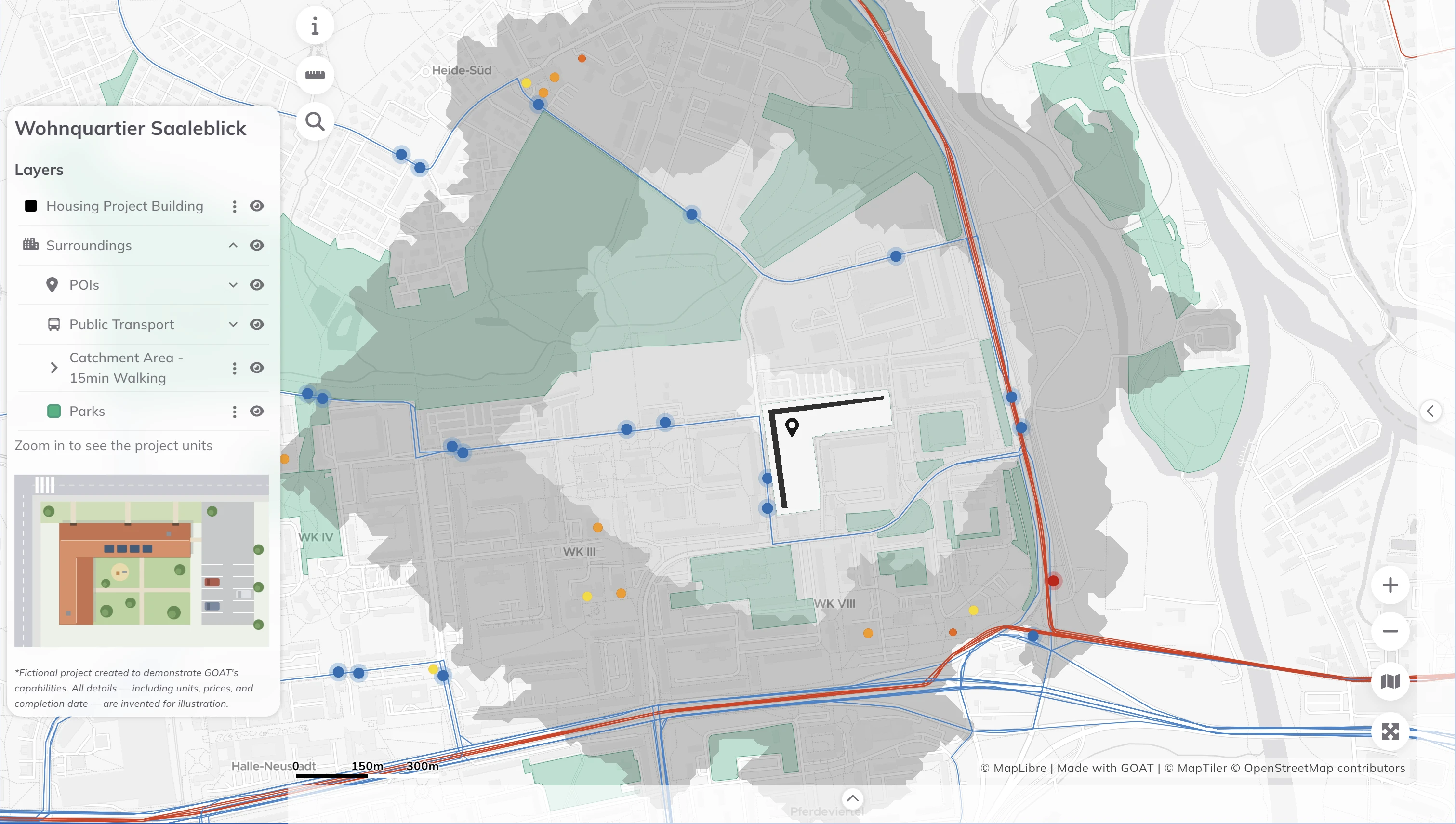 15-minute walking catchment around the development site in GOAT