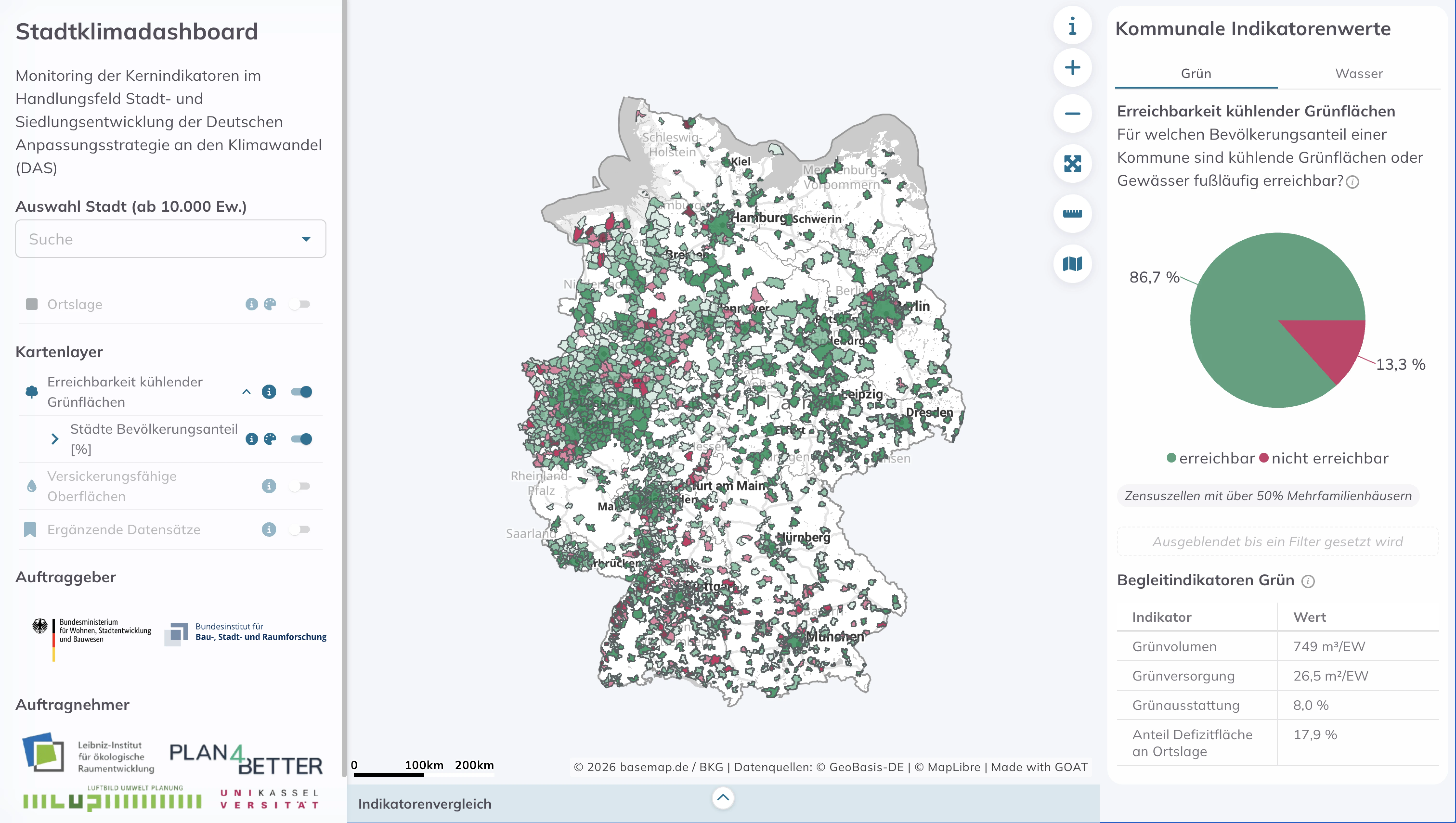 Erreichbarkeit kühlender Grünflächen im Stadtklimadashboard