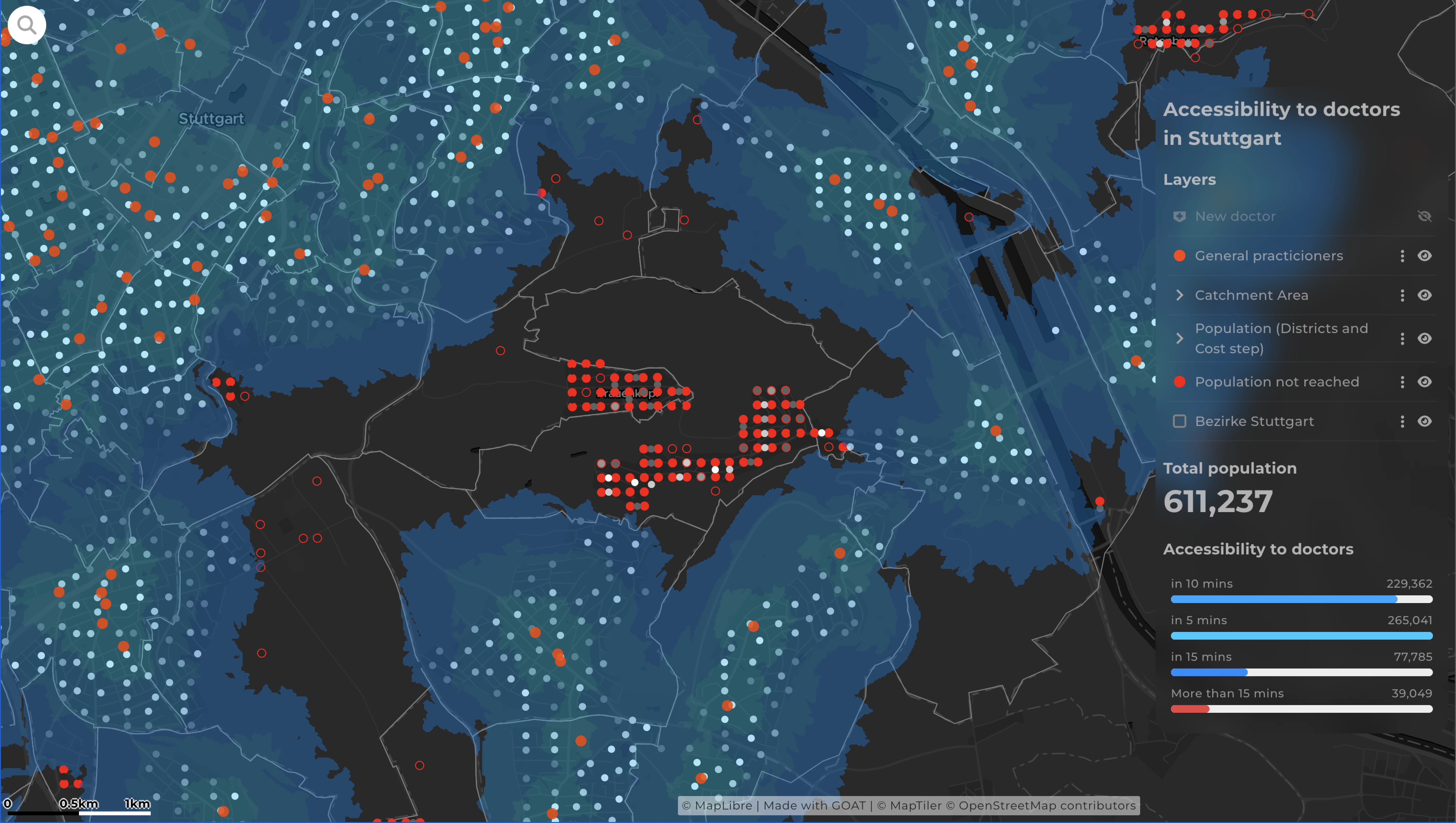 Connectivity analysis suggesting locations for new doctors' practices in Stuttgart