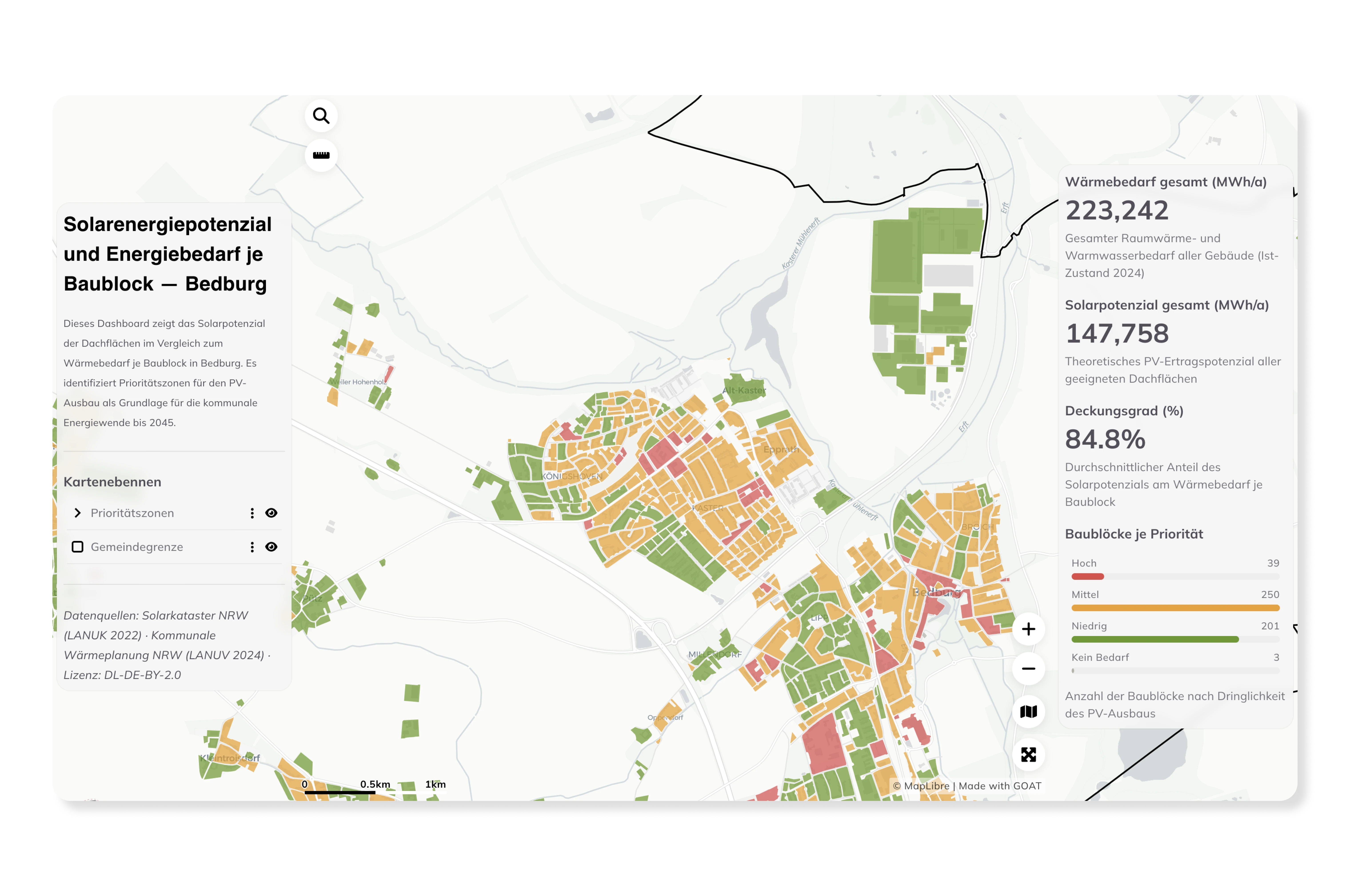 Rooftop Solar Potential vs. Energy Demand per Block — Bedburg