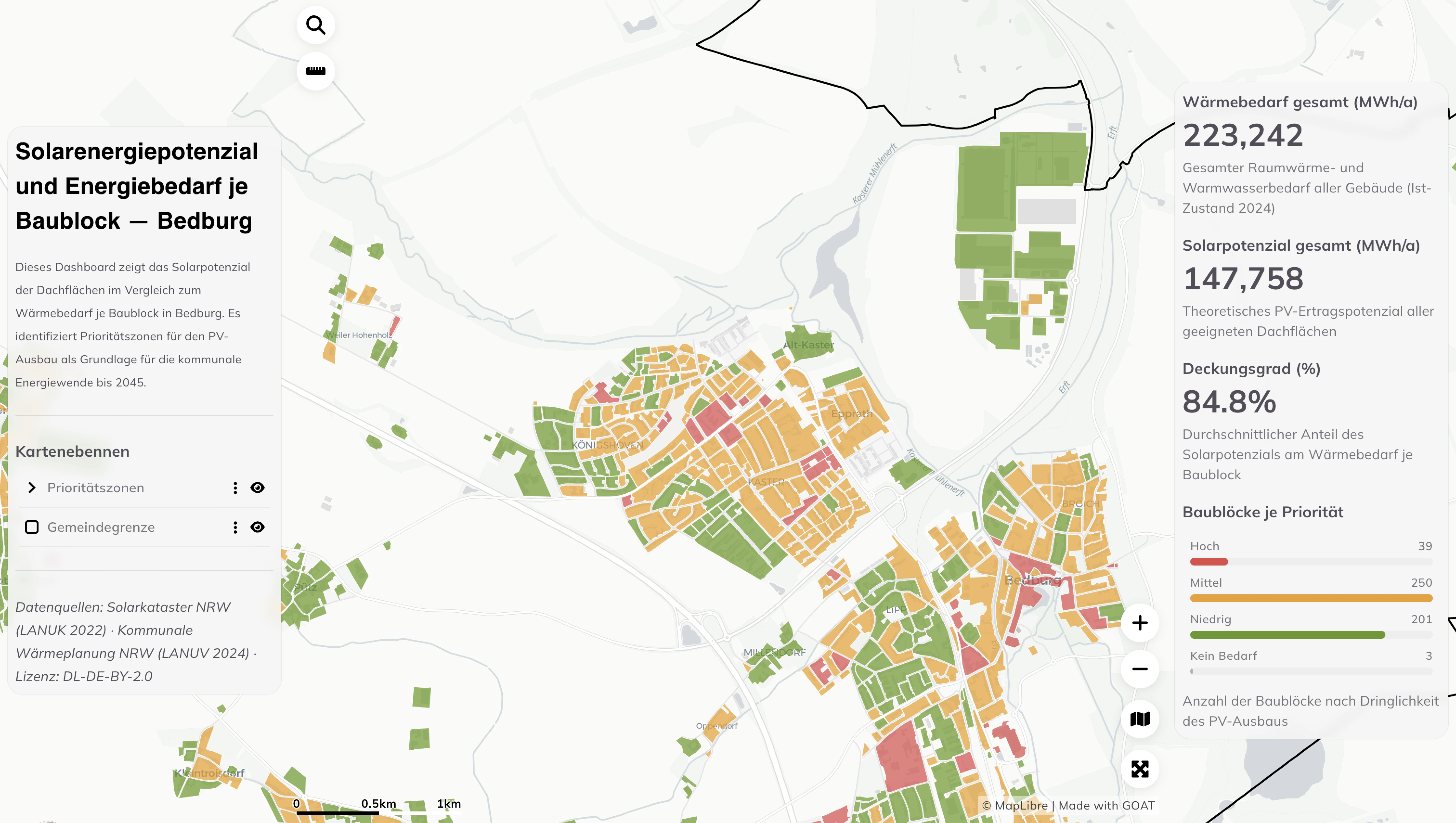 Rooftop solar potential mapped per city block in Bedburg in GOAT
