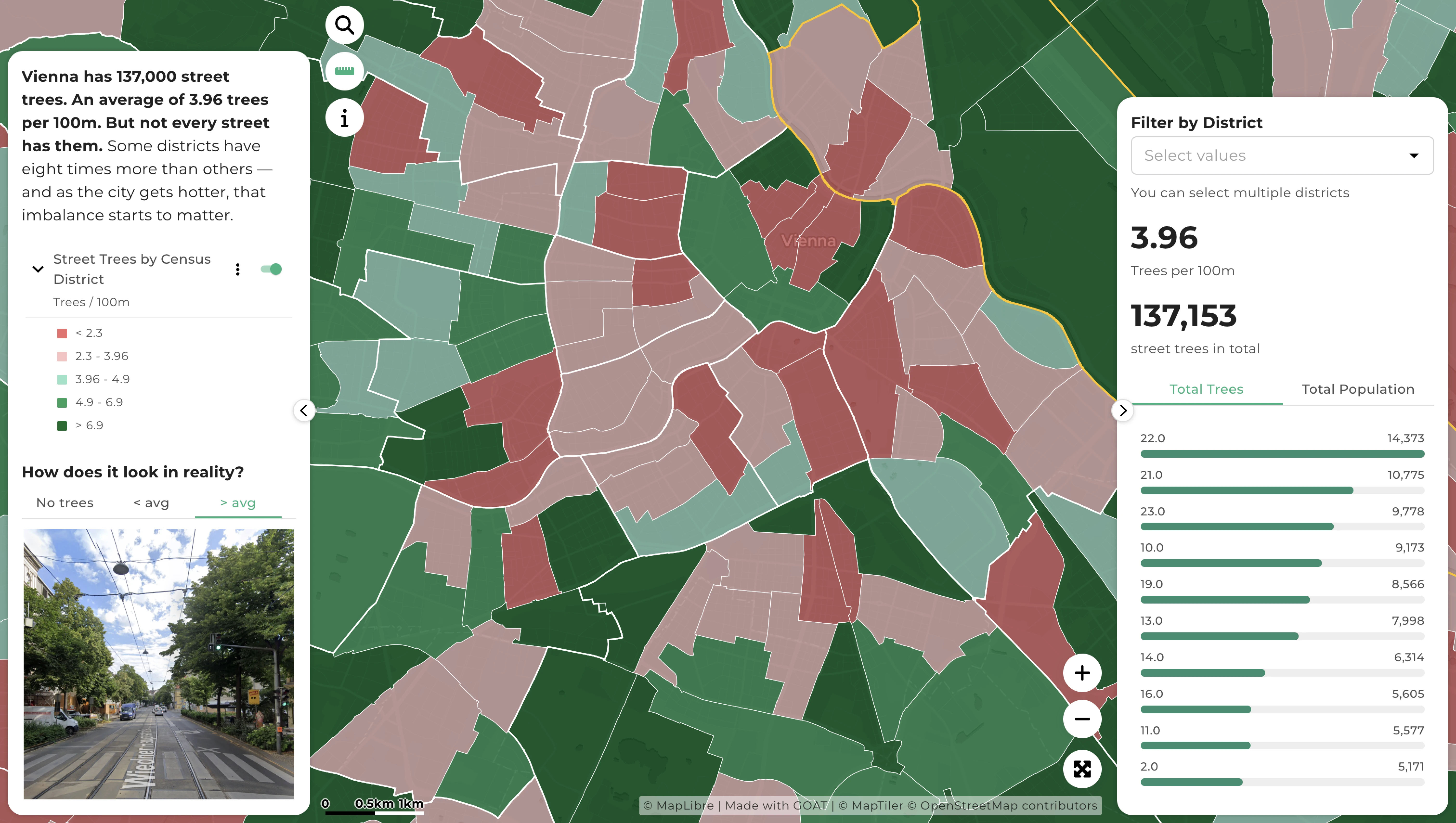 Street tree density across Vienna's districts