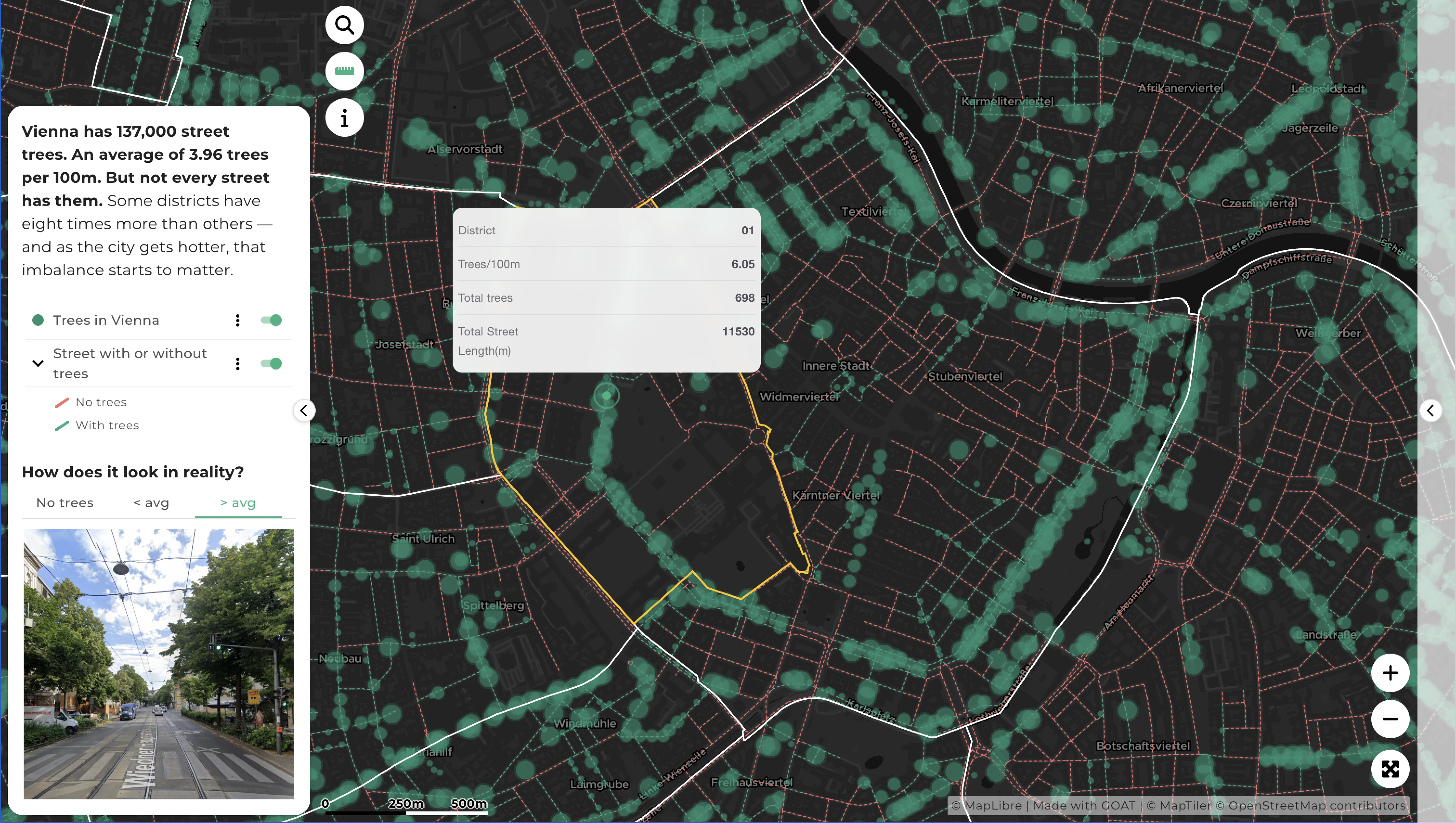 Individual street trees with size and crown coverage in Vienna