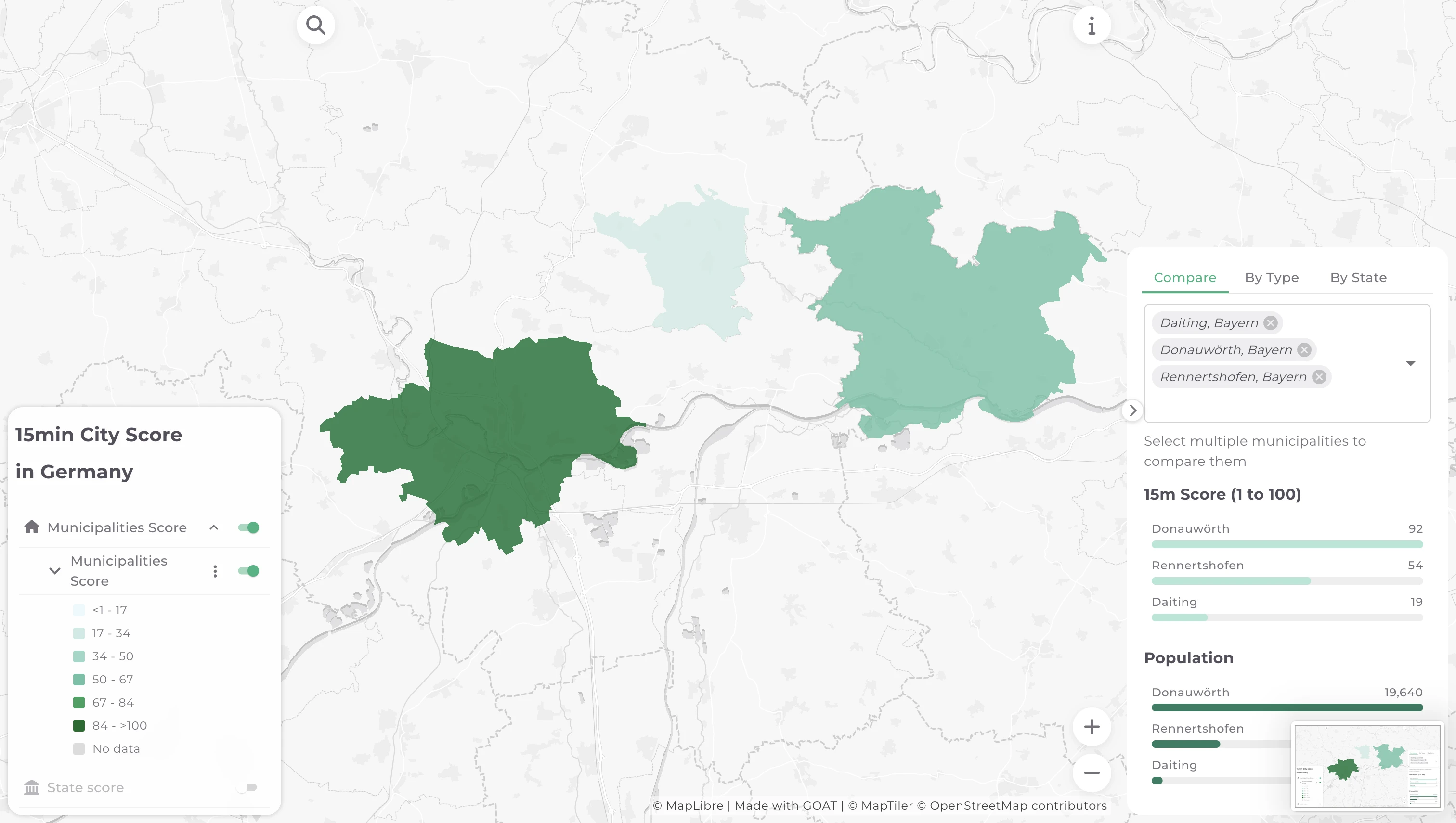 Walkability score mapped at municipality level in GOAT