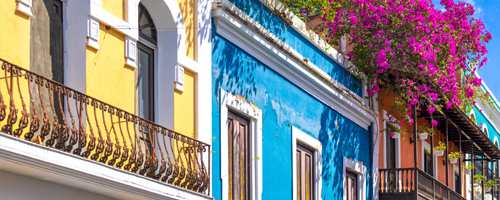 Foto de edificio color naranja y flores.