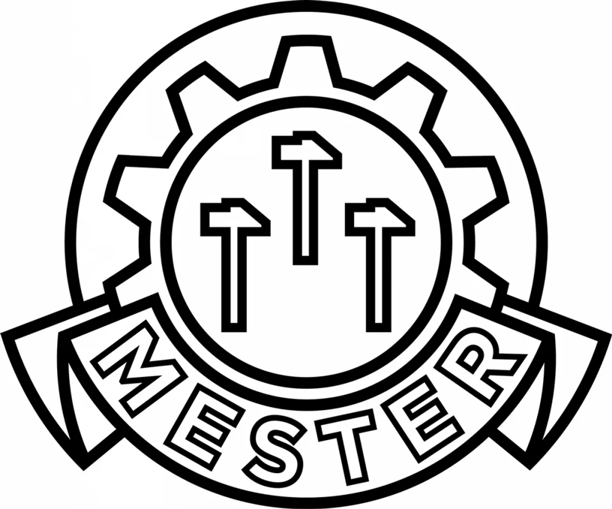Black and white emblem with a gear enclosing three upward-pointing hammers and a banner below with the word 'MESTER'.