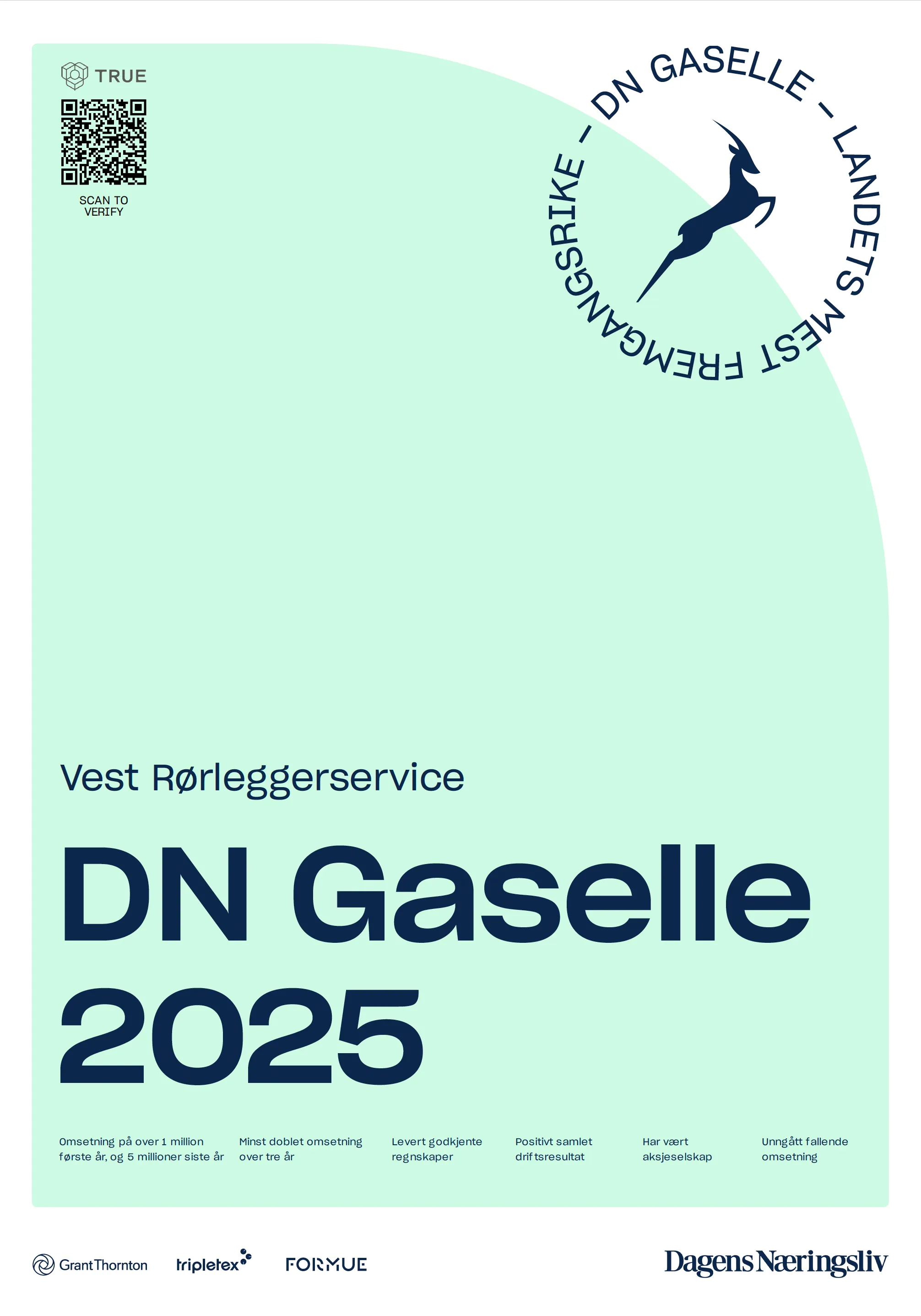 Certification for Vest Rørleggerservice as DN Gaselle 2025 with criteria and partner logos.
