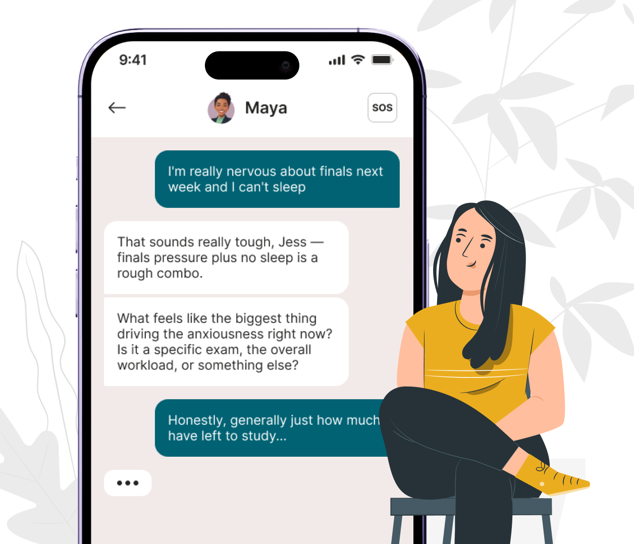 Smartphone chat shows Maya anxious about finals and sleepless, with a woman sitting nearby listening.