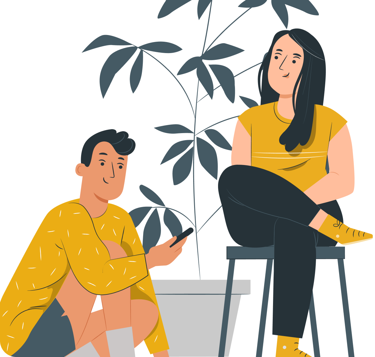 A man sitting on the floor with a smartphone and a woman sitting on a stool beside a potted plant.