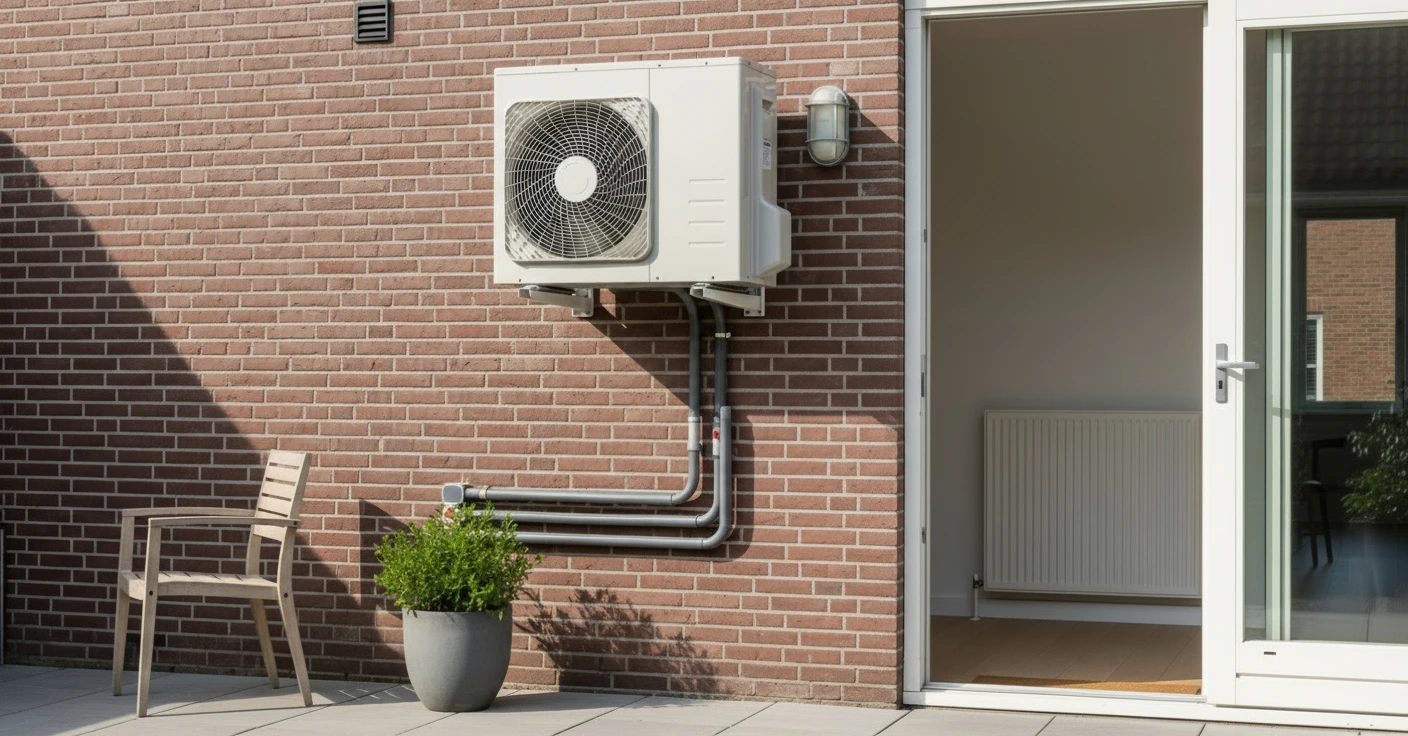 Buitenunit van een lucht-water warmtepomp gemonteerd aan gevel van woning met leidingen en terras