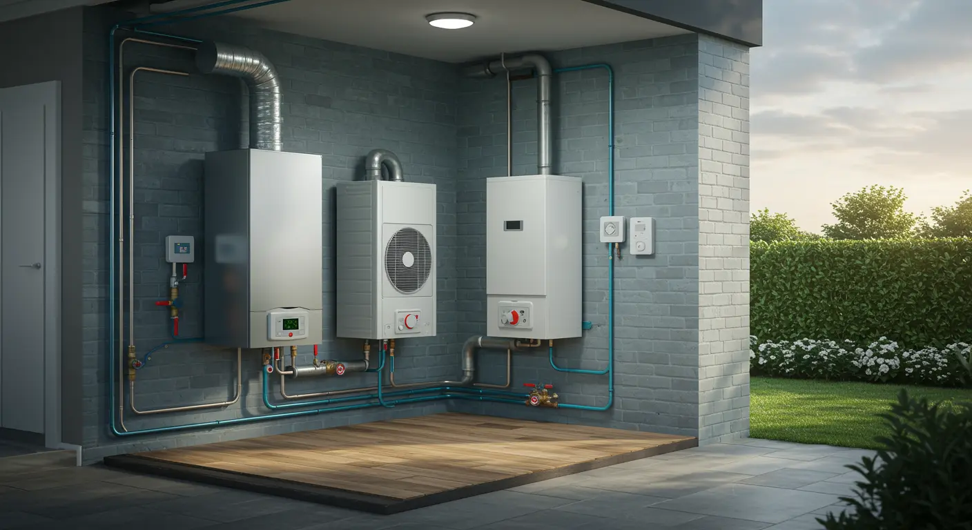 Doorsnede van een modern huis met hybride warmtepomp, gasboiler, elektrische unit en geïsoleerde leidingen in muren.