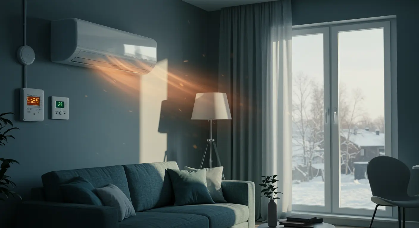 Moderne woonkamer met een wandgemonteerde airco die warme lucht blaast naast een digitale thermostaat en zichtbare elektriciteitsmeter in warme belichting.