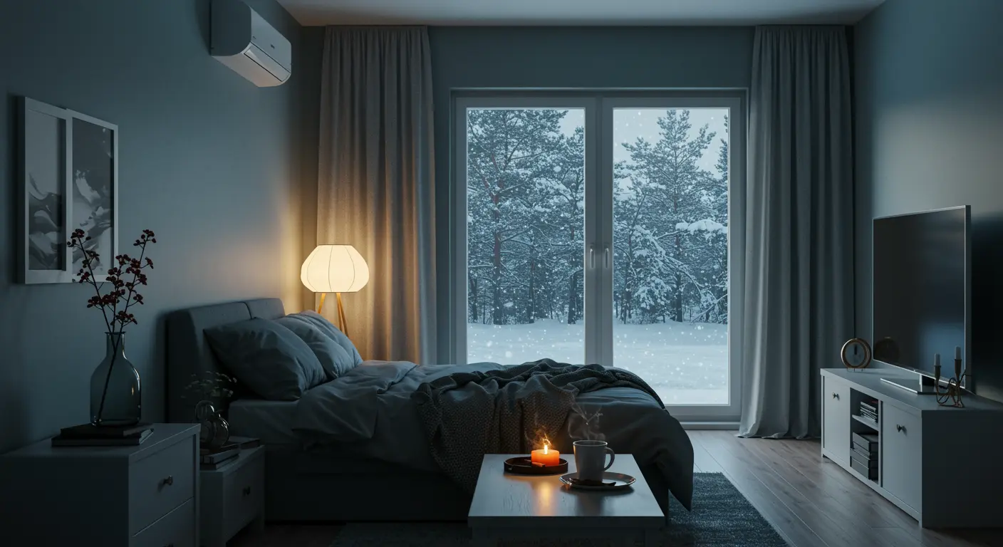 Moderne woonkamer met warme airco, sneeuw buiten, plaid op bank en dampende koffie op houten tafel in ochtendlicht.